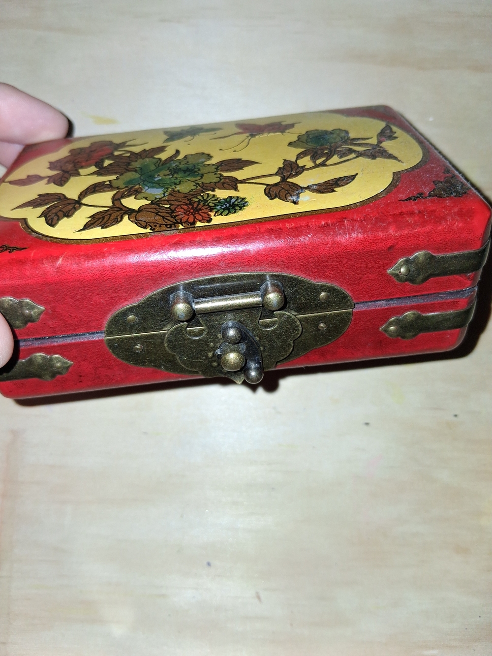 Red Floral Jewelry Box with Brass Hardware